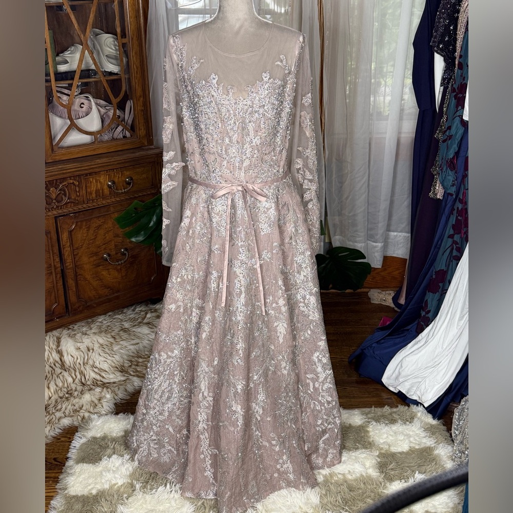 Pink Embellished Bow Belt Illusion Long Sleeve A Line Dress